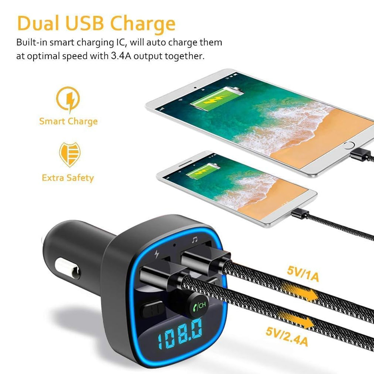 Schwarzes USB-Ladegerät mit blauem Display, das zwei Tablets auflädt. Text auf dem Bildschirm: 108.0. Kabel mit 5V/1A und 5V/2.4A Ausgang.