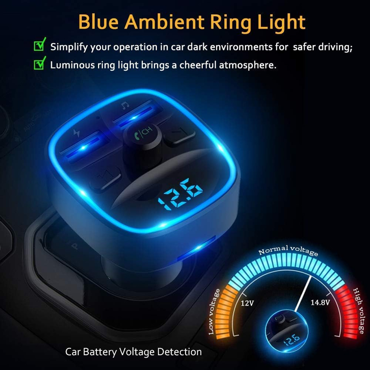 Ein Autozubehör mit blauem Ringlicht, Digitalanzeige 12,6 und Spannungsanzeige. Text: Blaues Umgebungsringlicht, Autobatterie-Spannungserkennung.