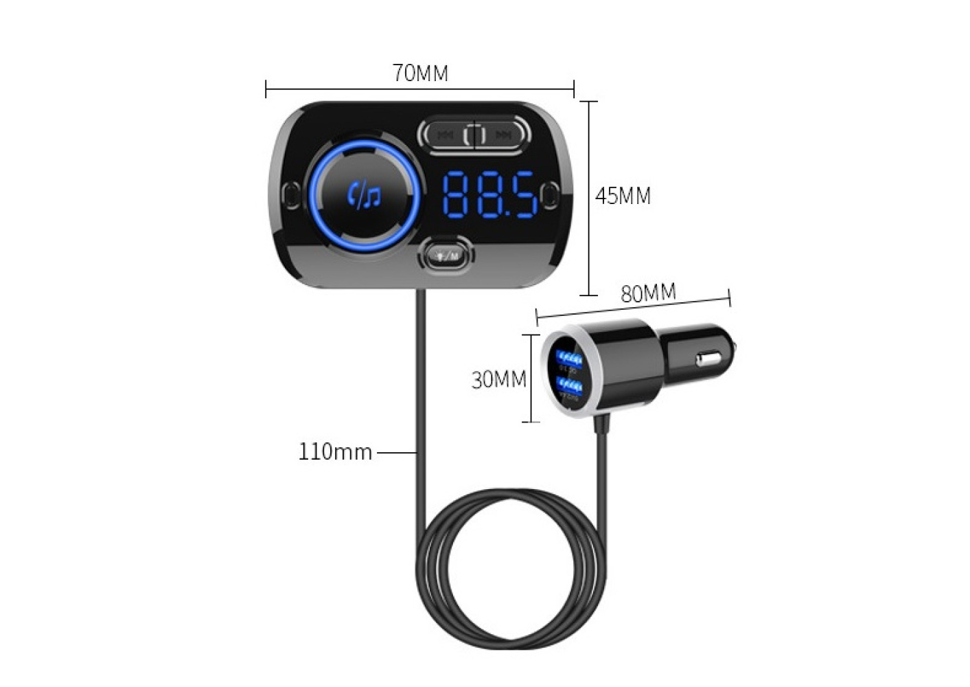 Schwarzer Auto-FM-Transmitter mit Digitalanzeige 88,5. Er verfügt über einen USB-Ladeanschluss. Maße sind in mm angegeben.