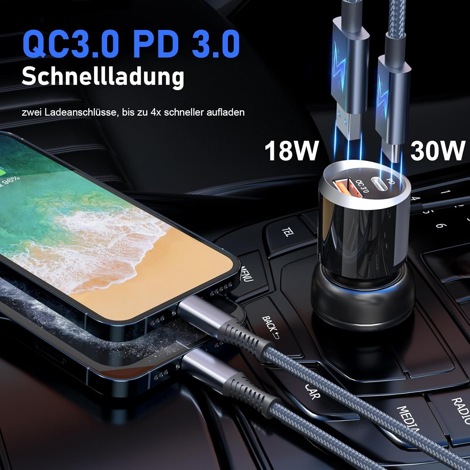 Ein Telefon, das mit einem Kabel geladen wird. Ein Autoladegerät und zwei Kabel sind sichtbar. Text weist auf Schnellladefähigkeiten hin.