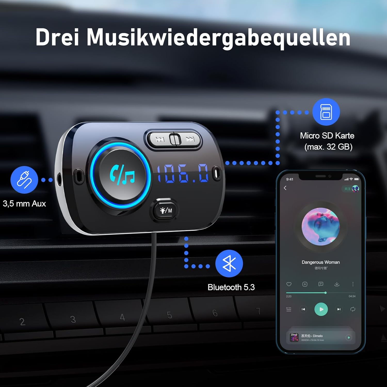 Ein Auto-Musik-Player mit Telefon, das Musik, SD-Karte und 3,5-mm-Aux-Anschlussoptionen anzeigt.
