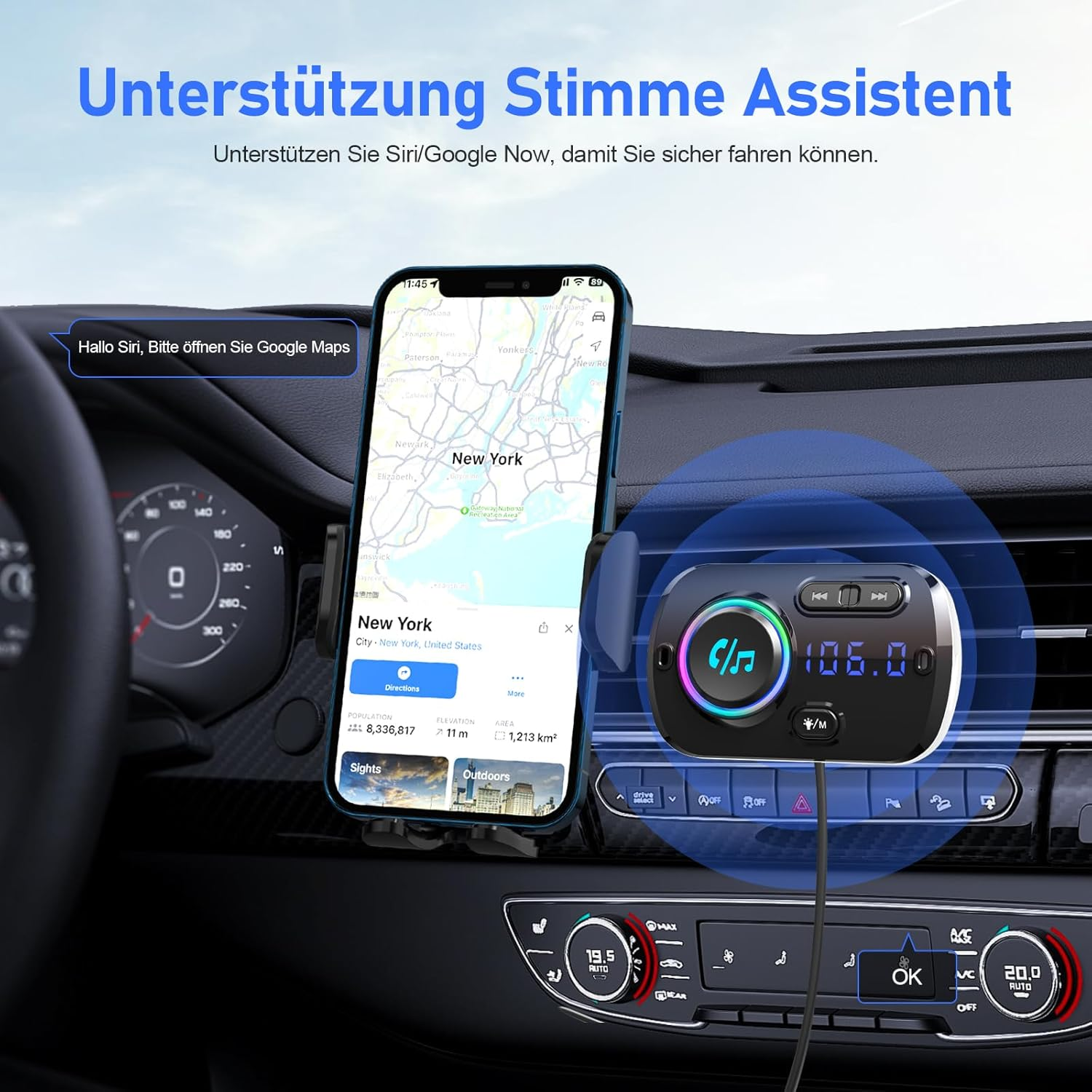 Ein Telefon zeigt eine Karte von New York City, montiert in einem Auto. Ein UKW-Transmitter mit Digitalanzeige befindet sich darunter.