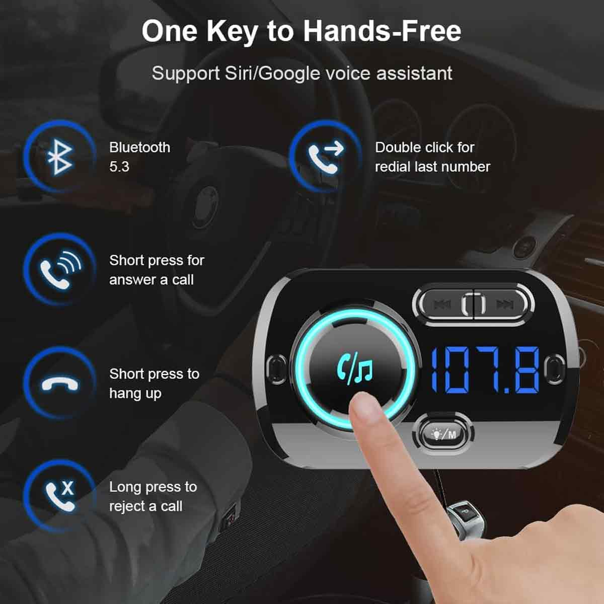 Freisprecheinrichtung für das Auto mit Tasten, die Bluetooth- und Anrufoptionen anzeigen. Ein Finger drückt die mittlere Taste.