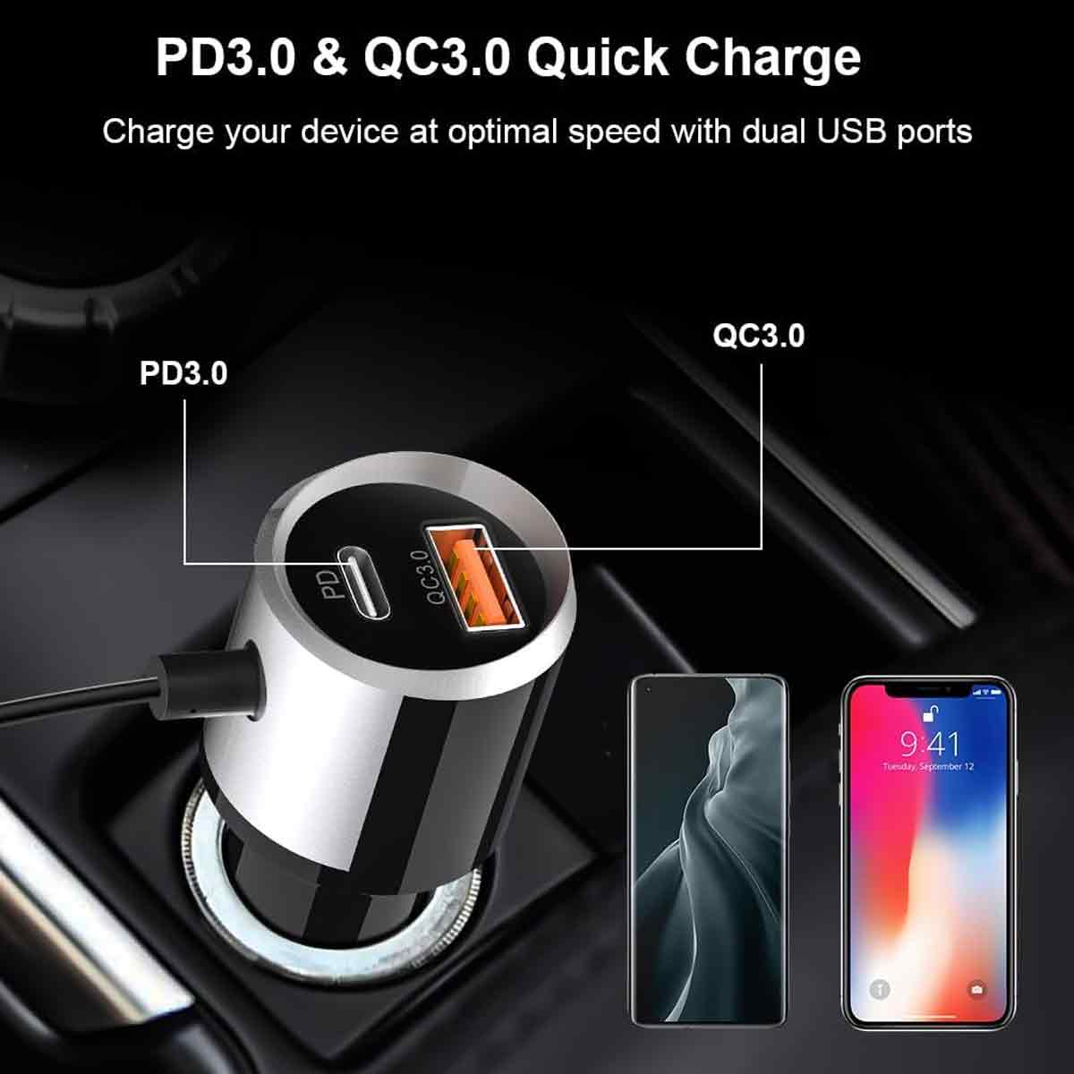 Autoladegerät mit PD3.0- und QC3.0-Anschlüssen. Daneben werden zwei Telefone angezeigt. Text: PD3.0 & QC3.0 Quick Charge, Laden Sie Ihr Gerät.