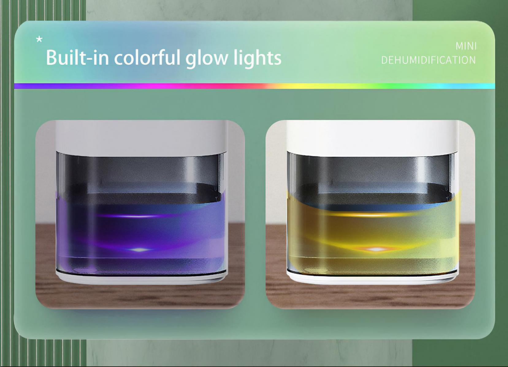 Zwei kleine Luftentfeuchter mit farbigen Leuchtlichtern werden angezeigt. Einer emittiert violettes, der andere gelbes Licht.