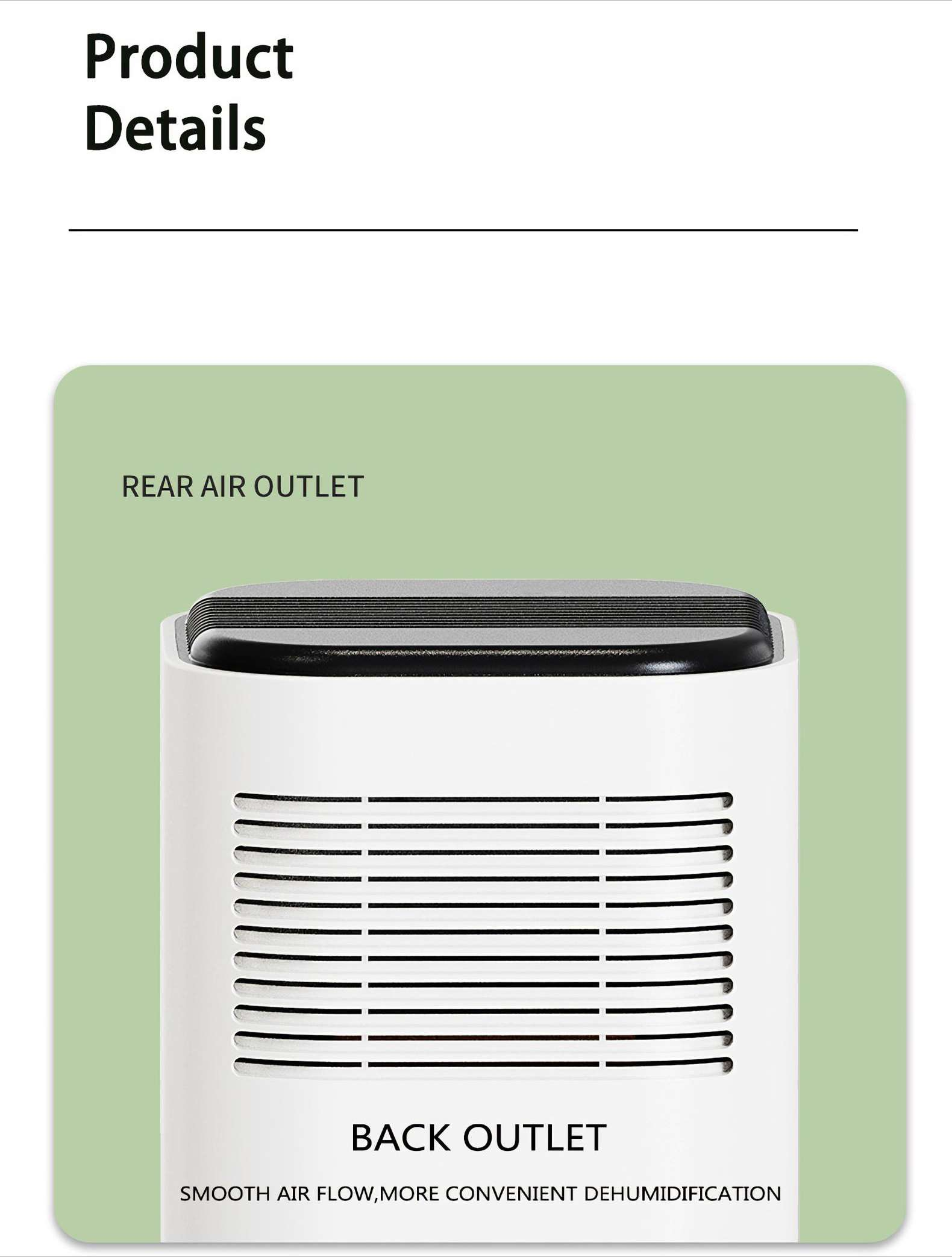 Ein weißer Luftentfeuchter mit schwarzer Oberseite. Text: 'Rear Air Outlet' und 'Back Outlet'.