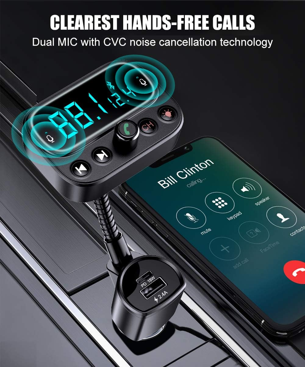 Eine Freisprechanlage für das Auto mit einem Telefon, das einen eingehenden Anruf von 'Bill Clinton' anzeigt. Das Kit zeigt eine Frequenz an und hat ein USB-Ladegerät.