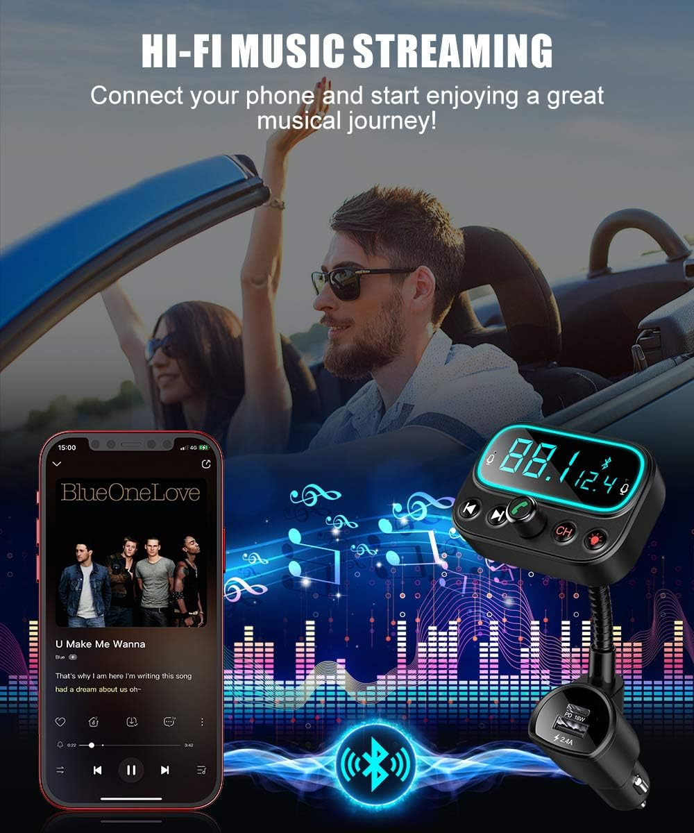 Das Bild zeigt ein Auto mit Personen, ein Telefon mit einer Musik-App und einen Bluetooth-FM-Transmitter. Die Szene handelt vom Musikgenuss.