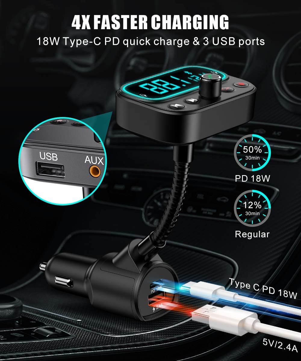 Ein schwarzes Autoladegerät mit mehreren Anschlüssen wird angezeigt. Text zeigt 4x schnelleres Laden mit 18W Typ-C PD und 3 USB-Anschlüssen.