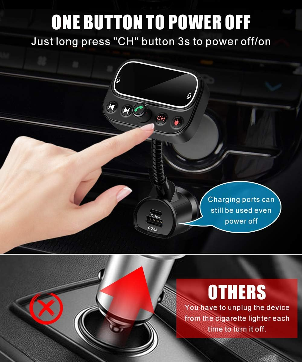 Das Bild zeigt ein Autogadget, auf das eine Hand zeigt. Text erklärt das Ausschalten mit einer Taste. Der untere Teil zeigt das Entfernen des Steckers.