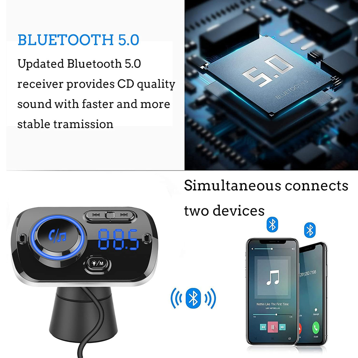 Das Bild zeigt ein Bluetooth 5.0-Gerät mit einem Bildschirm, der 88,5 anzeigt. Zwei Telefone verbinden sich gleichzeitig. Text hebt Funktionen und CD-Qualität hervor.