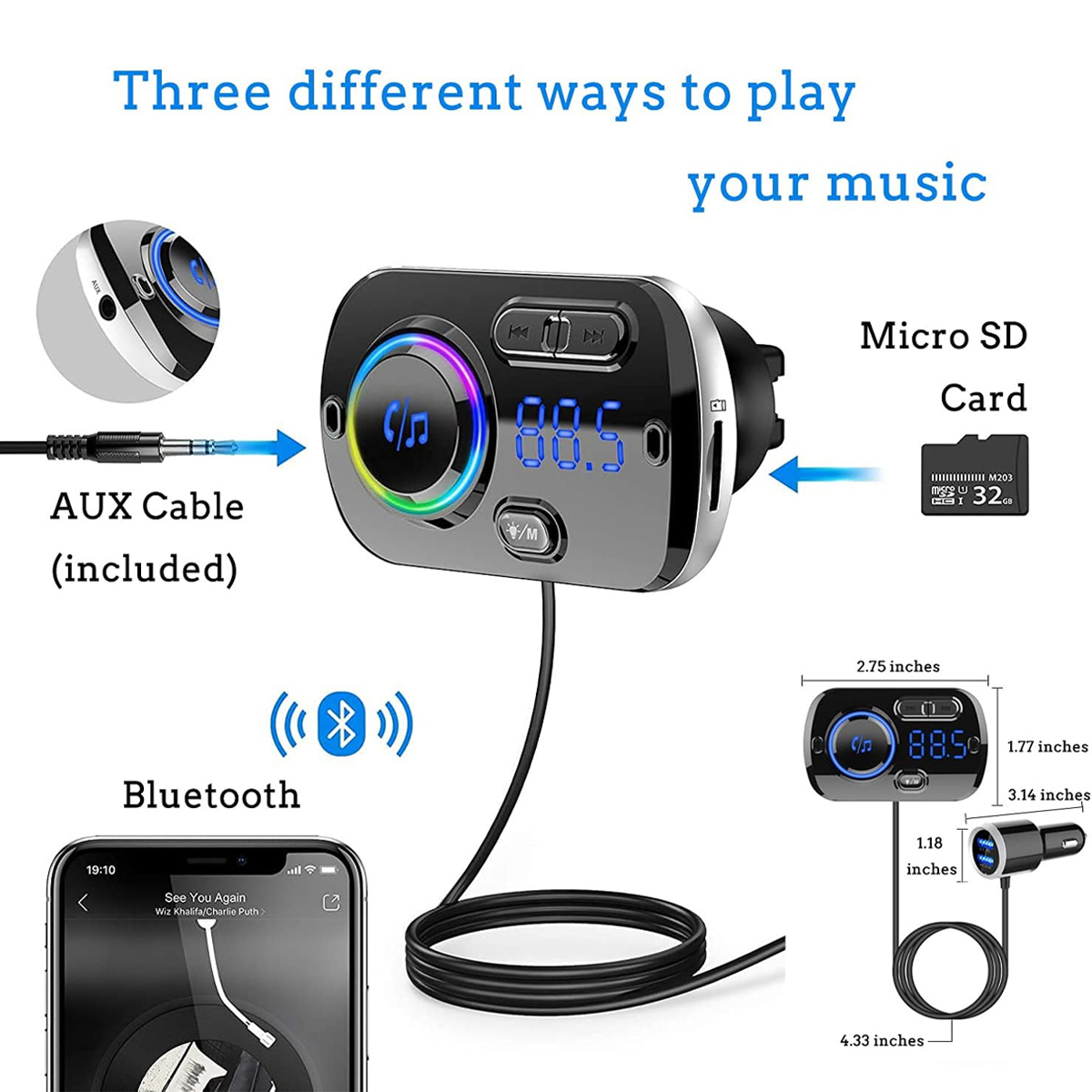 Das Bild zeigt einen Auto-Musik-Player mit verschiedenen Möglichkeiten, Musik abzuspielen: AUX-Kabel, Bluetooth und Micro-SD-Karte.