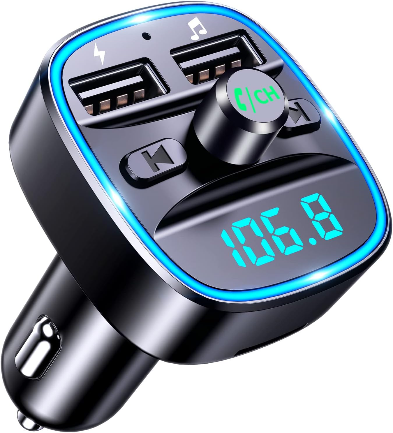 Schwarzes Autoladegerät mit USB-Anschlüssen und einer Digitalanzeige mit 106,8. Es hat einen blau beleuchteten Ring und Steuertasten.