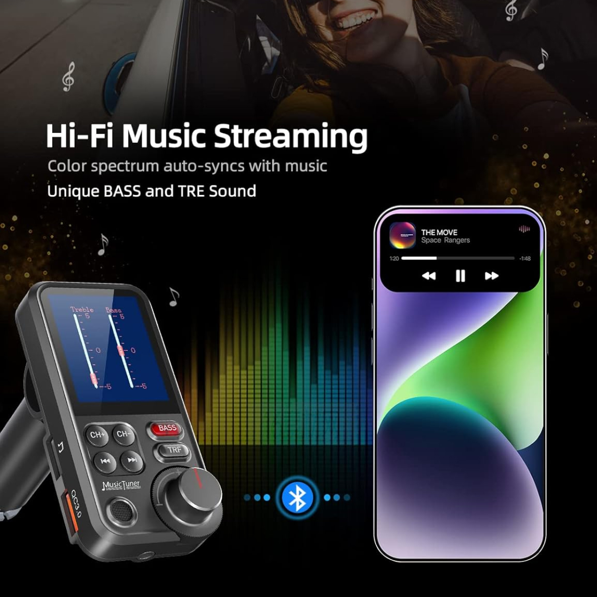 Ein Musik-Streaming-Gerät für das Auto mit einem verbundenen Telefon, das Musik anzeigt. Die Anzeige wirbt für Hi-Fi-Musik-Streaming mit Bass- und Höhenreglern.