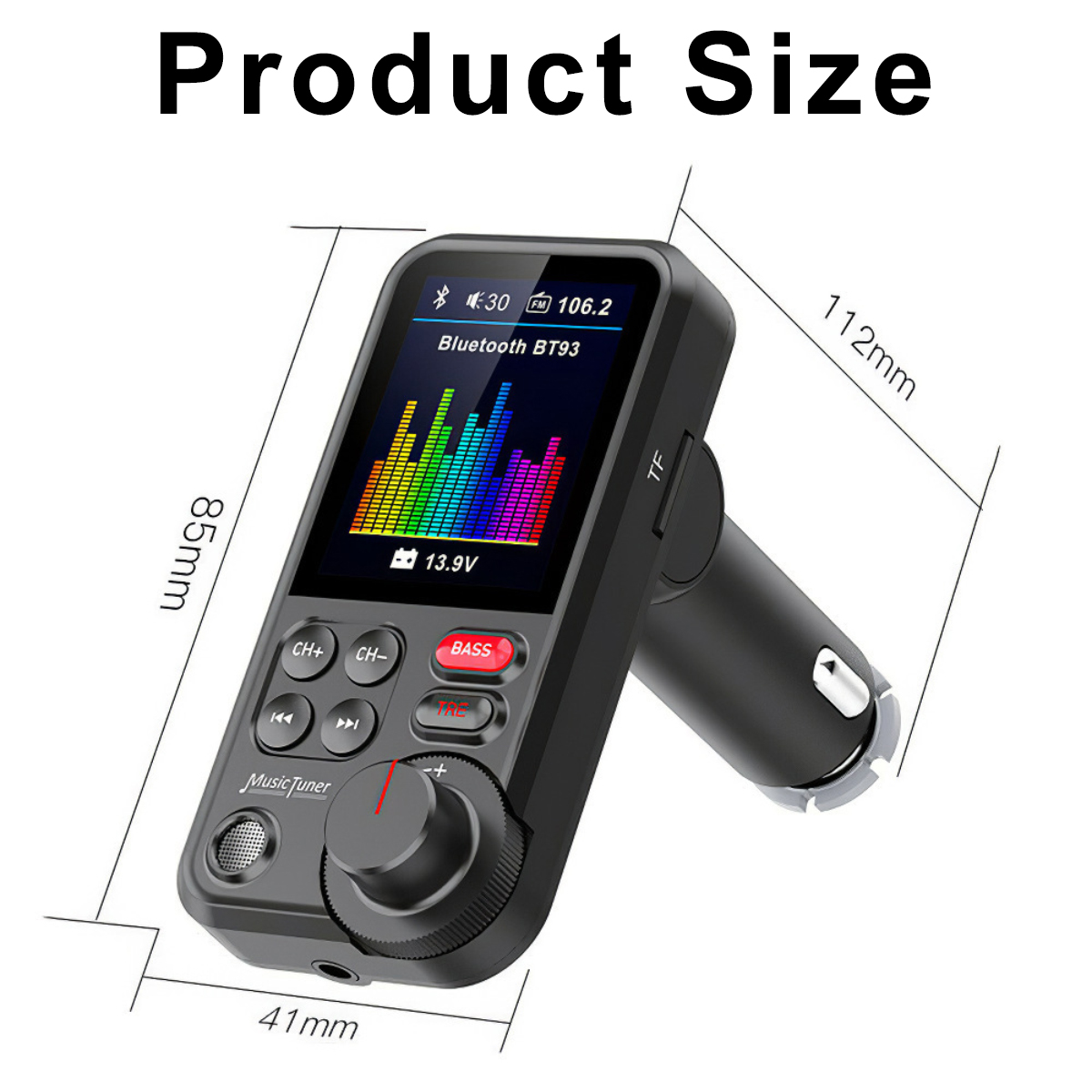 Schwarzer Bluetooth-Musik-Tuner für Autos mit einem Bildschirm, der Equalizer-Balken und Maßangaben auf weißem Hintergrund anzeigt.