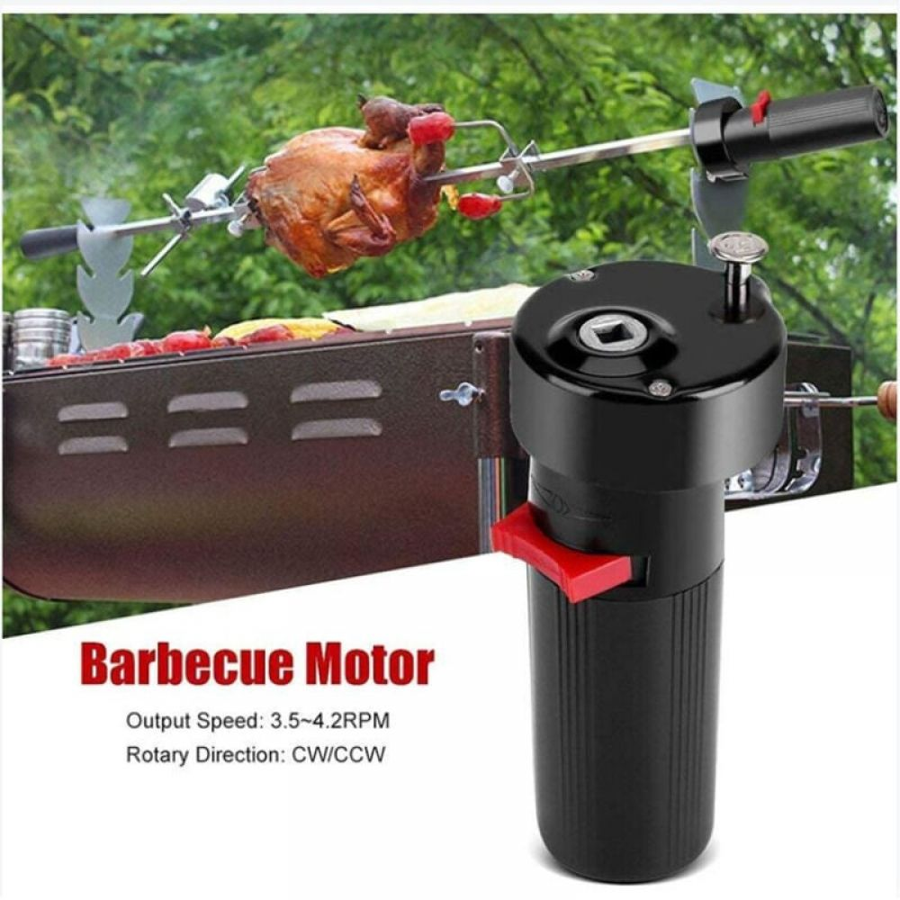 Ein Grillmotor mit einem Drehspieß-Hähnchen. Der Motor ist schwarz, und es steht 'Barbecue Motor' drauf.