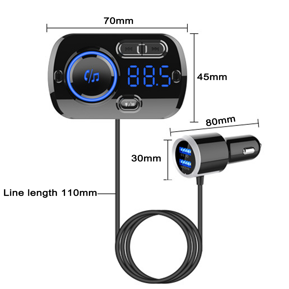 Ein schwarzer Auto-FM-Transmitter mit digitaler Anzeige 88,50 und zwei USB-Anschlüssen. Abmessungen sind angegeben.