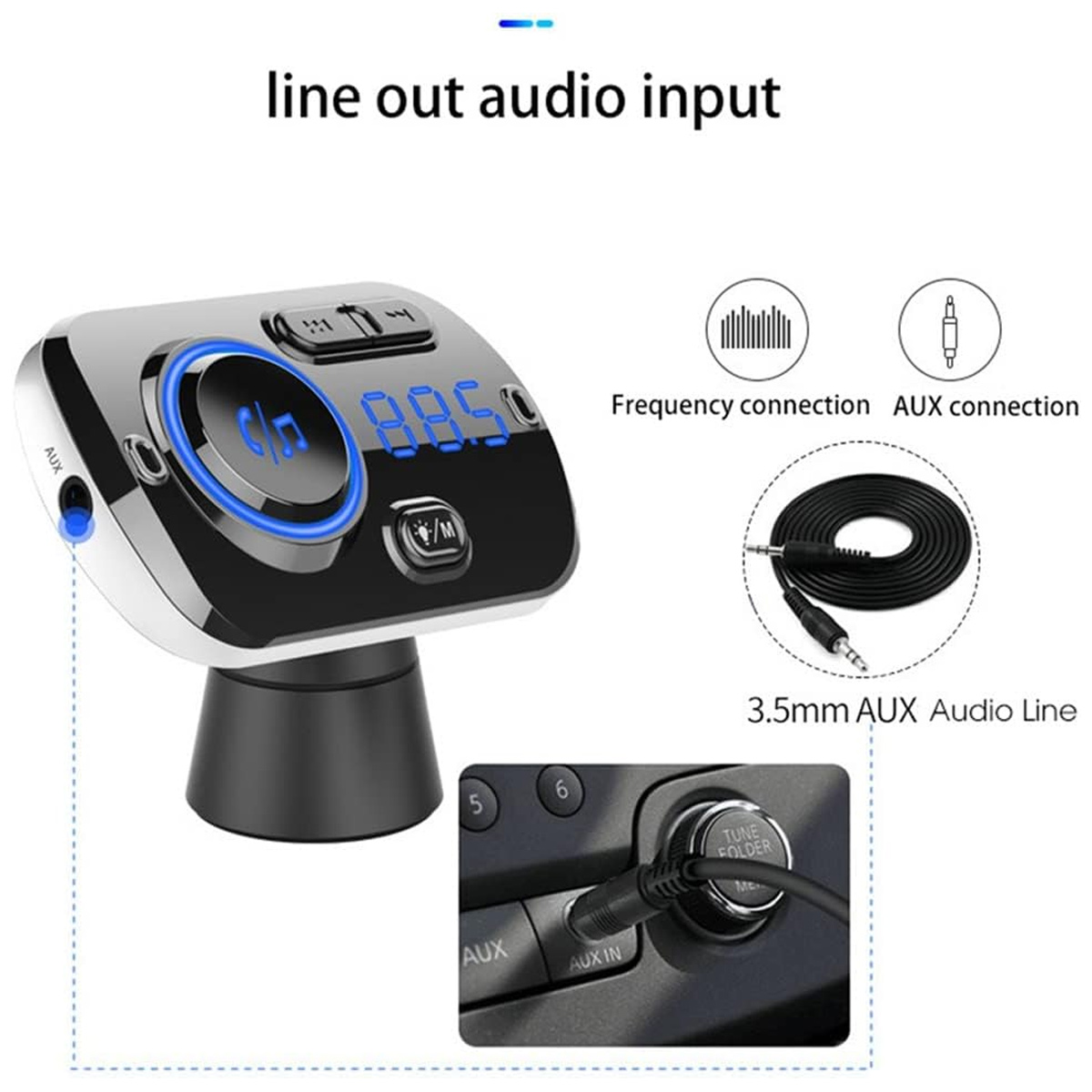 Ein silberner Auto-Audioadapter mit Digitalanzeige, Tasten und AUX-Eingang. Enthält ein Kabel und einen AUX-Anschluss im Auto.