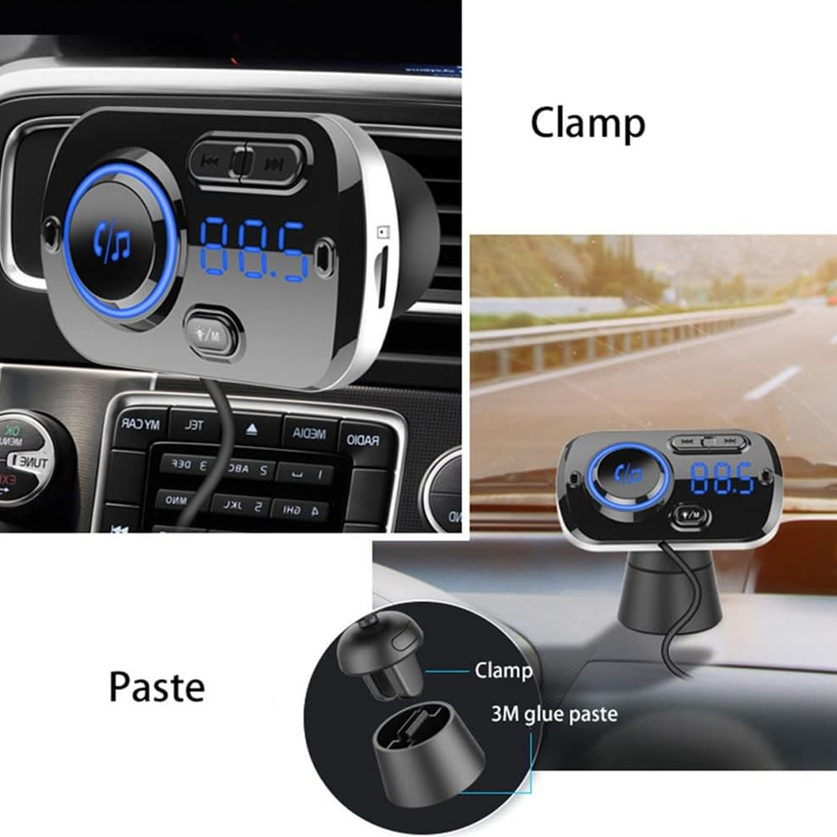 Auto-Audiogerät mit blauem Display. Es zeigt Radiofrequenz und Musiktasten. Teile des Armaturenbretts sind ebenfalls sichtbar.