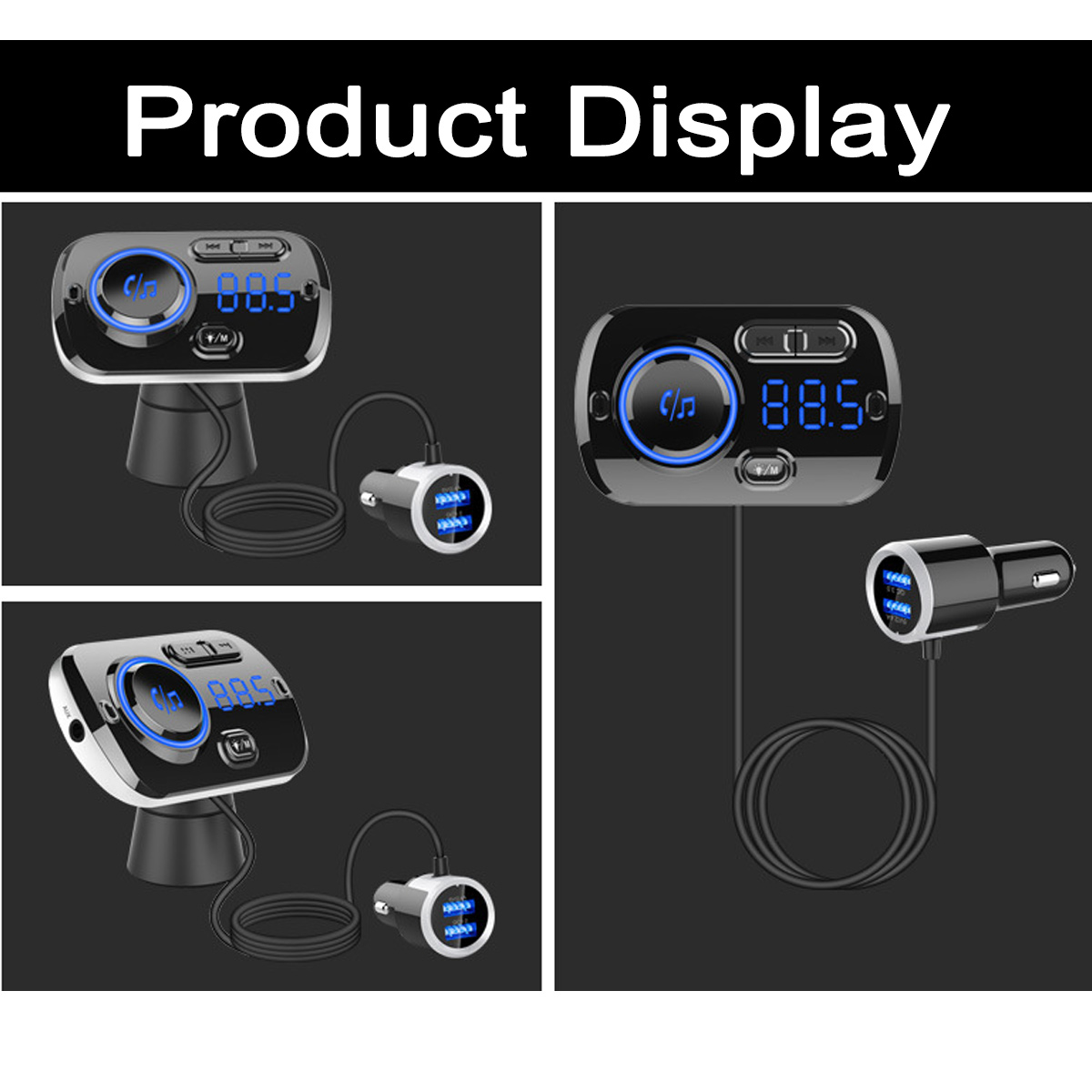Produktdarstellung eines Auto-FM-Senders, der verschiedene Blickwinkel zeigt. Jedes Gerät hat ein Digitaldisplay und ein USB-Ladegerät.