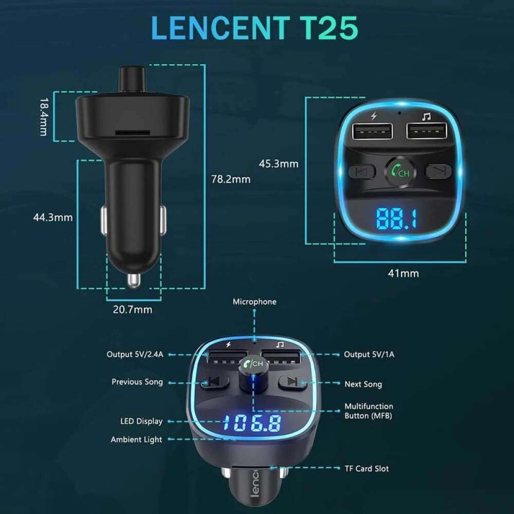 LENCENT T25 Autoladegerät mit Bemaßungen und Funktionen. Bildschirm zeigt 106.8 und Steuertasten.