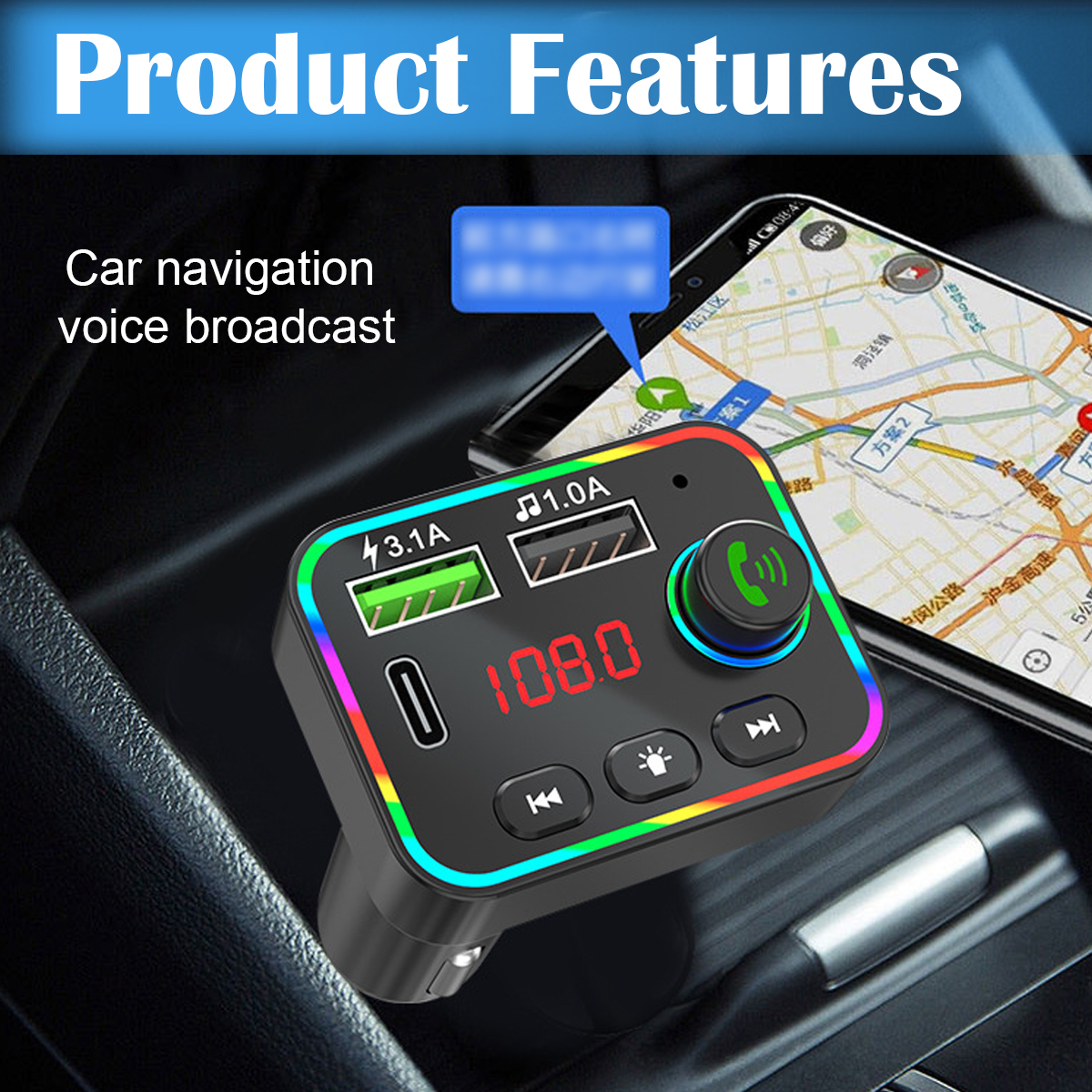 Ein Gerät zur Sprachausgabe der Autonavigation mit USB-Anschlüssen und Digitalanzeige 108.0. Im Hintergrund ein Smartphone mit Karte.