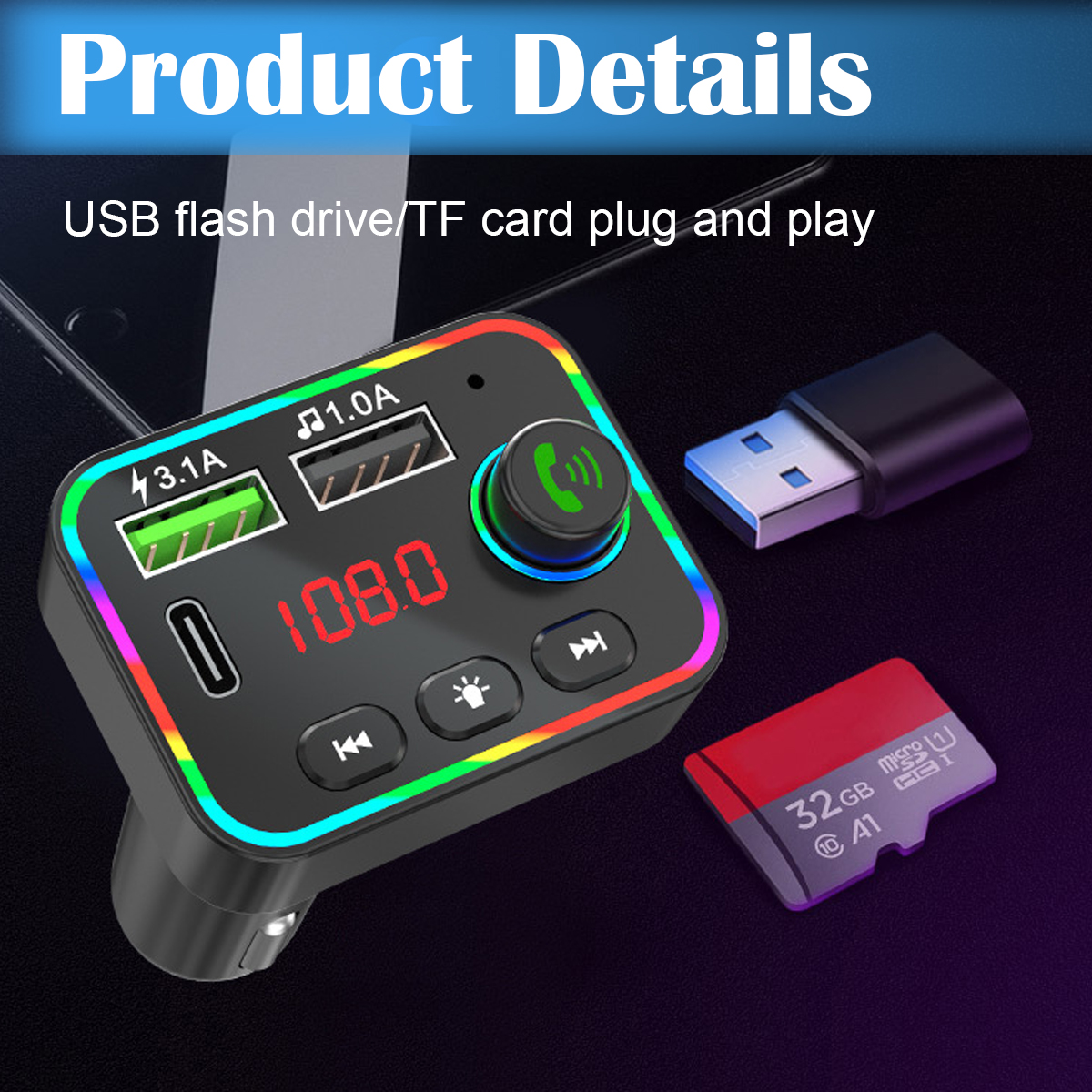 Ein schwarzes Autoladegerät mit USB-Anschlüssen und einem TF-Kartensteckplatz, das 108.0 anzeigt. Enthält einen USB-Stick und eine rote TF-Karte.
