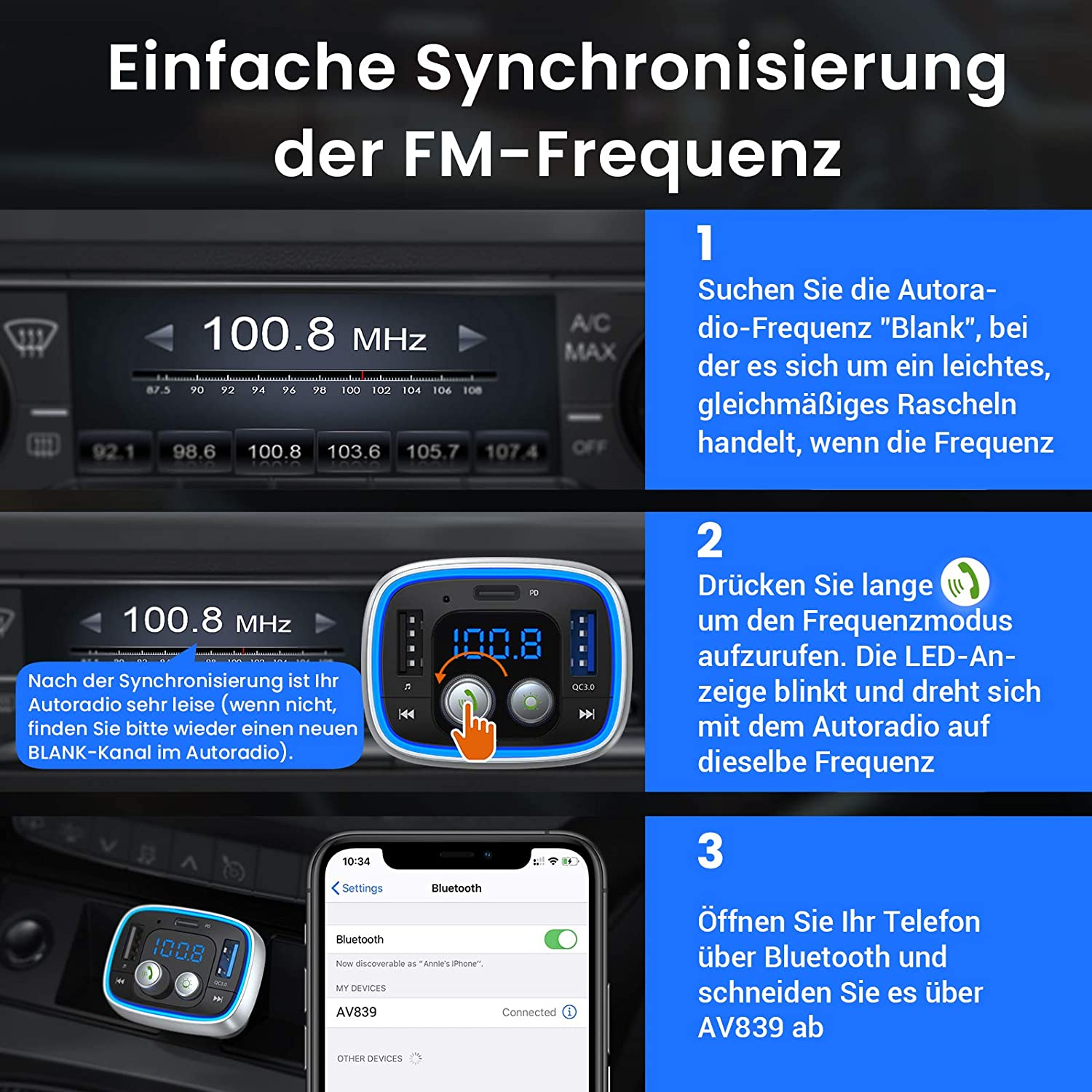 Anweisungen zur Synchronisierung eines UKW-Radios. Bilder zeigen Autoradio, Bluetooth-Gerät und Telefon.