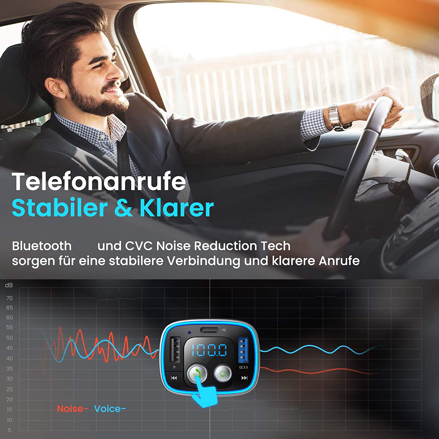 Mann fährt Auto, lächelt. Text besagt klarere Anrufe mit Bluetooth und Rauschunterdrückung.