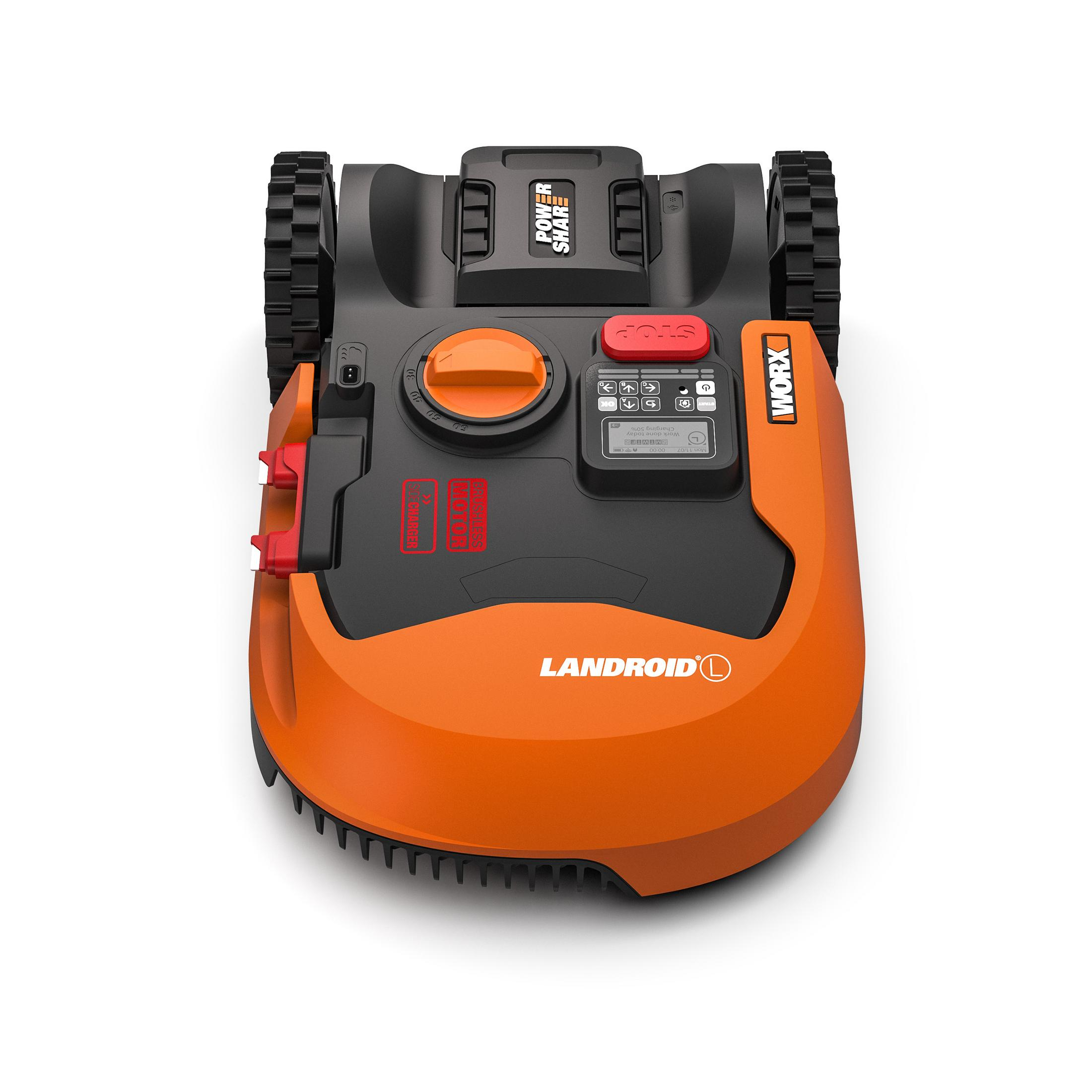 Ein orange-schwarzer Roboter-Rasenmäher auf weißem Hintergrund. Er hat ein Display, Knöpfe und den Markennamen 'WORX'.