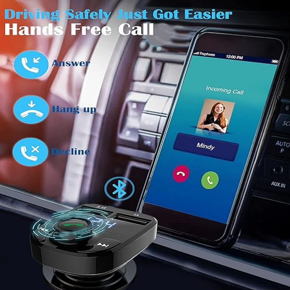 Freisprecheinrichtung im Auto mit Smartphone, das einen eingehenden Anruf von 'Mindy' anzeigt. Symbole für Annehmen, Auflegen und Ablehnen werden angezeigt.