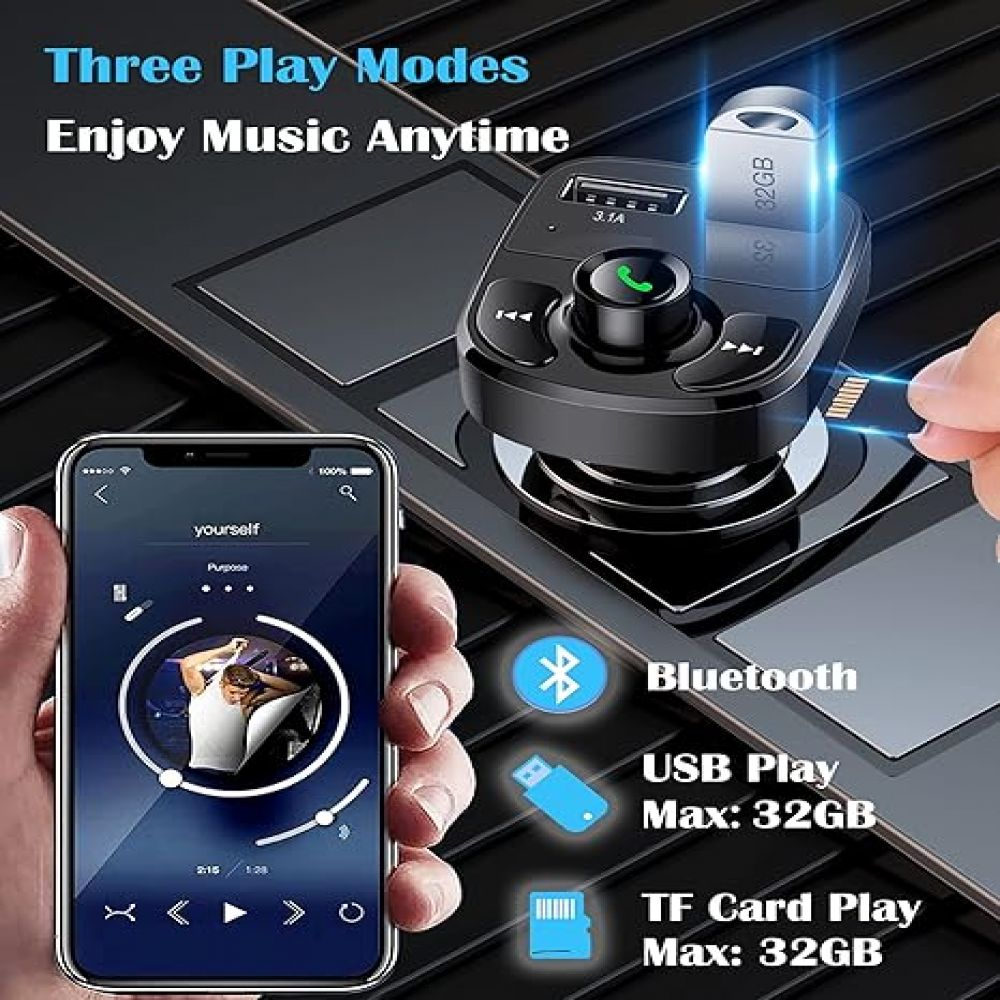 Das Bild zeigt ein Autoradiogerät mit einem Telefon, das Musik anzeigt, und drei Wiedergabemodi: Bluetooth, USB und TF-Karte.
