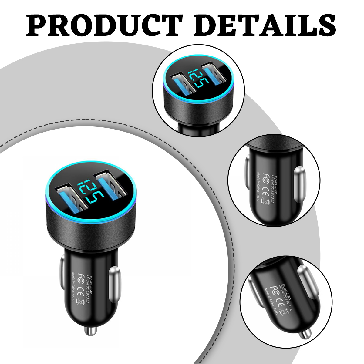 Ein schwarzes Autoladegerät mit zwei USB-Anschlüssen. Das Ladegerät hat eine Digitalanzeige, die die Spannung anzeigt. Auf dem Ladegerät steht: Input 12-24V, Output: DC 5.0V 3.1A.