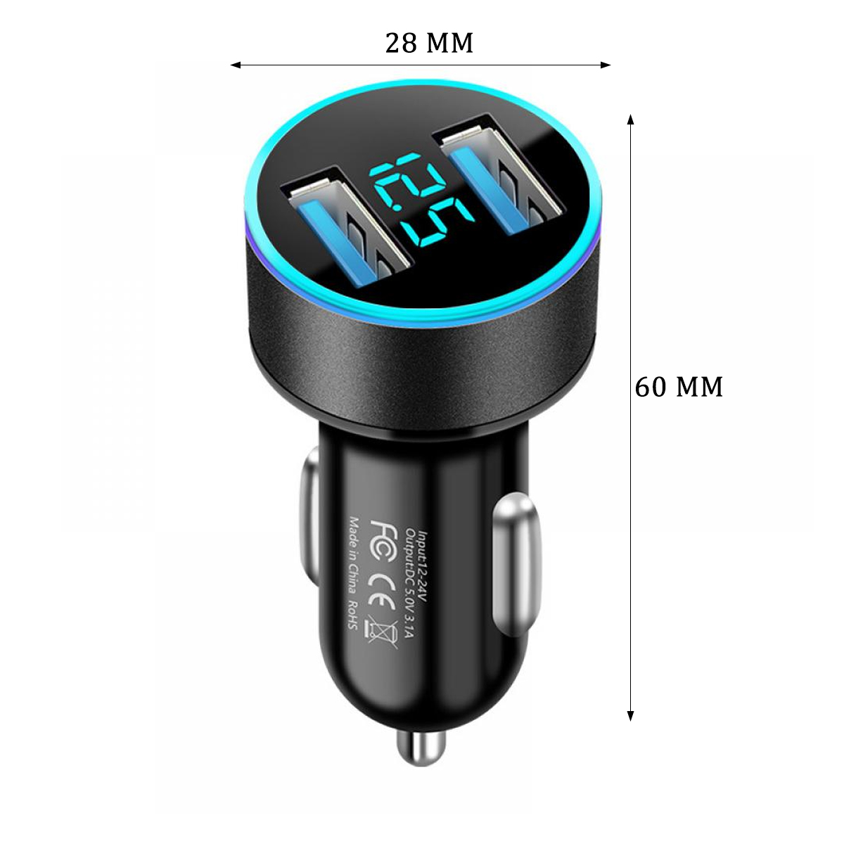 Schwarzes Autoladegerät mit digitaler Anzeige von 12,5. Es hat zwei USB-Anschlüsse und ist mit Spezifikationen und Zertifizierungen versehen.