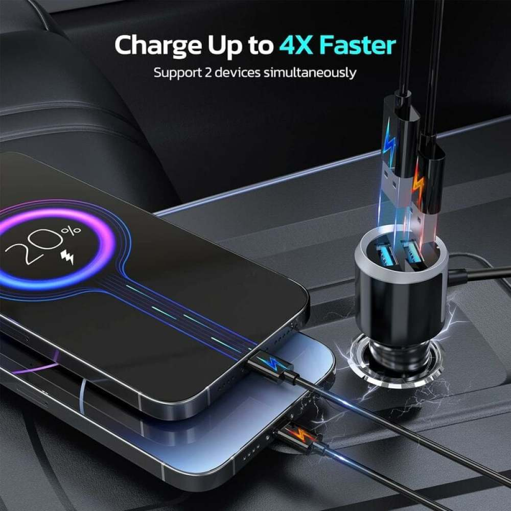 Zwei Smartphones werden im Auto aufgeladen. Ein Ladegerät ist angeschlossen. Anzeige zeigt 20% Ladung. Text: Bis zu 4x schneller laden.