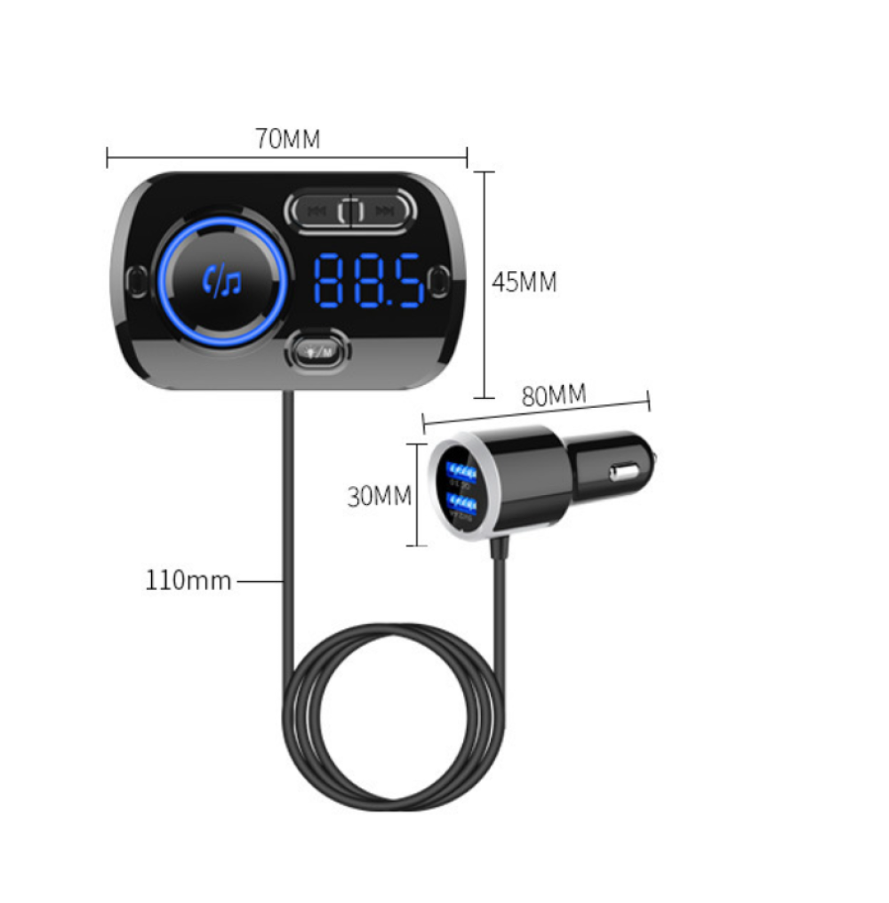 Schwarzer Auto-FM-Transmitter mit blauem Display, das 88,5 anzeigt. Ein Ladeanschluss ist mit einem schwarzen Kabel verbunden. Maße sind angegeben.
