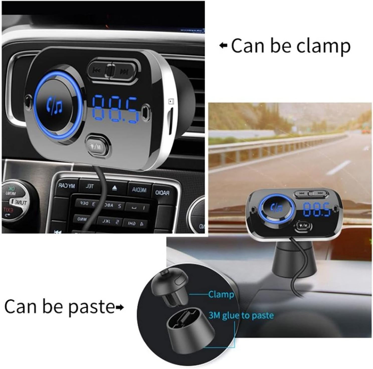 Ein Auto-FM-Transmitter. Es zeigt eine blaue Zahlenanzeige. Es kann am Armaturenbrett des Autos befestigt werden.