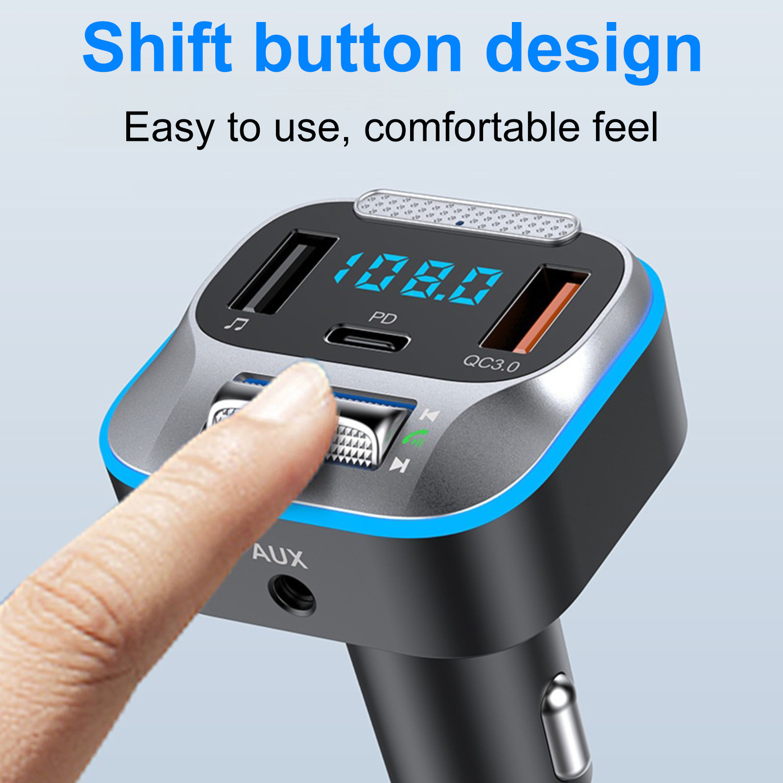 Eine Hand drückt eine Taste an einem Autoladegerät. Das Ladegerät zeigt Zahlen an. Text oben lautet 'Shift-Button-Design'.