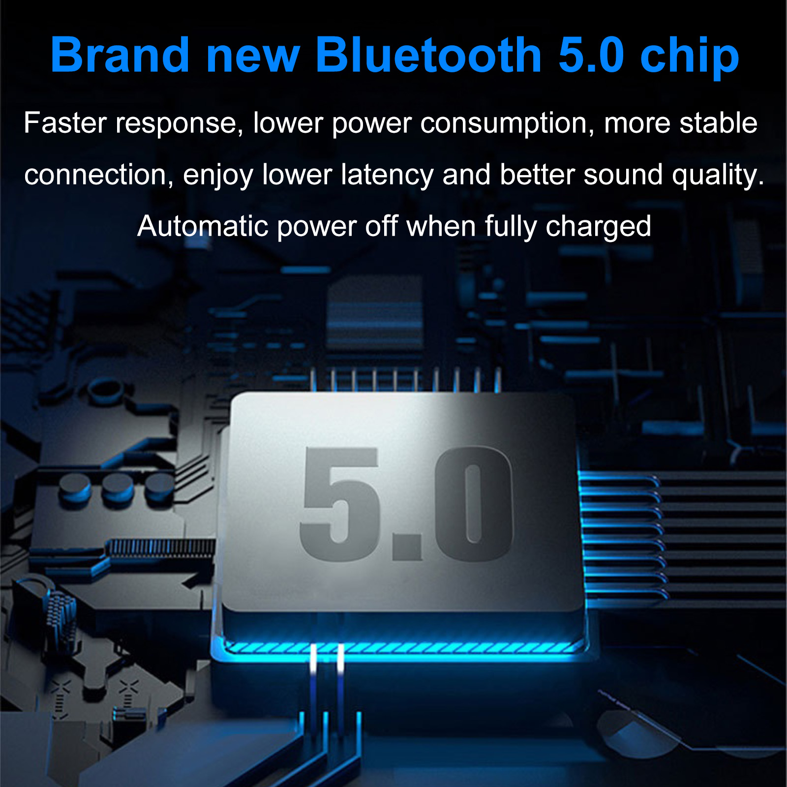 Das Bild zeigt einen Bluetooth 5.0-Chip mit dem Text: Brandneuer Bluetooth 5.0-Chip. Details und Vorteile sind unten aufgeführt.