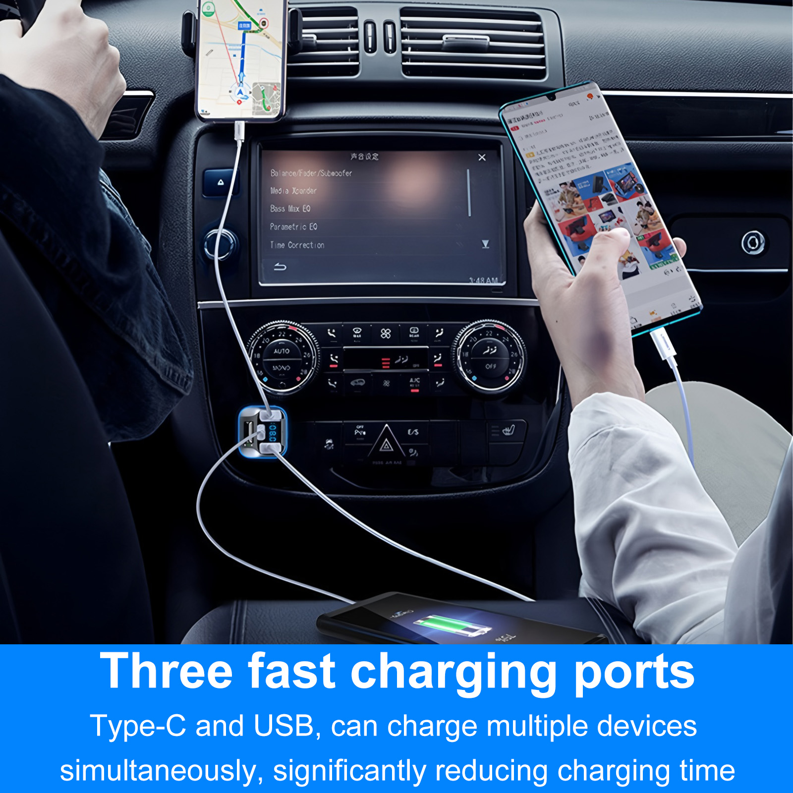 Hände im Auto, die Telefone mit mehreren Kabeln aufladen, eines in einer Handyhalterung mit Navigation.