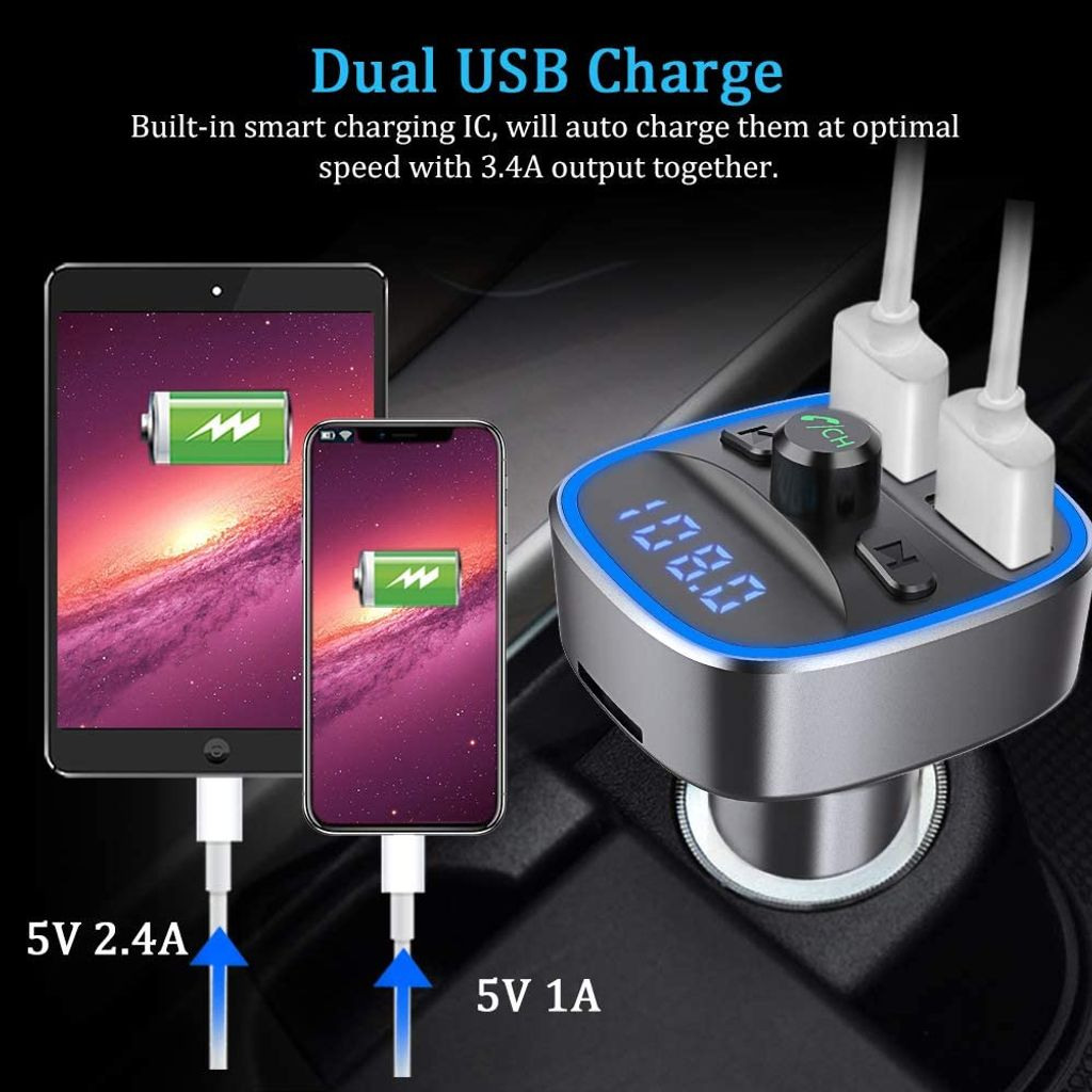 Ein Autoladegerät mit zwei USB-Anschlüssen lädt ein Tablet und ein Telefon. Das Ladegerät hat eine Digitalanzeige.