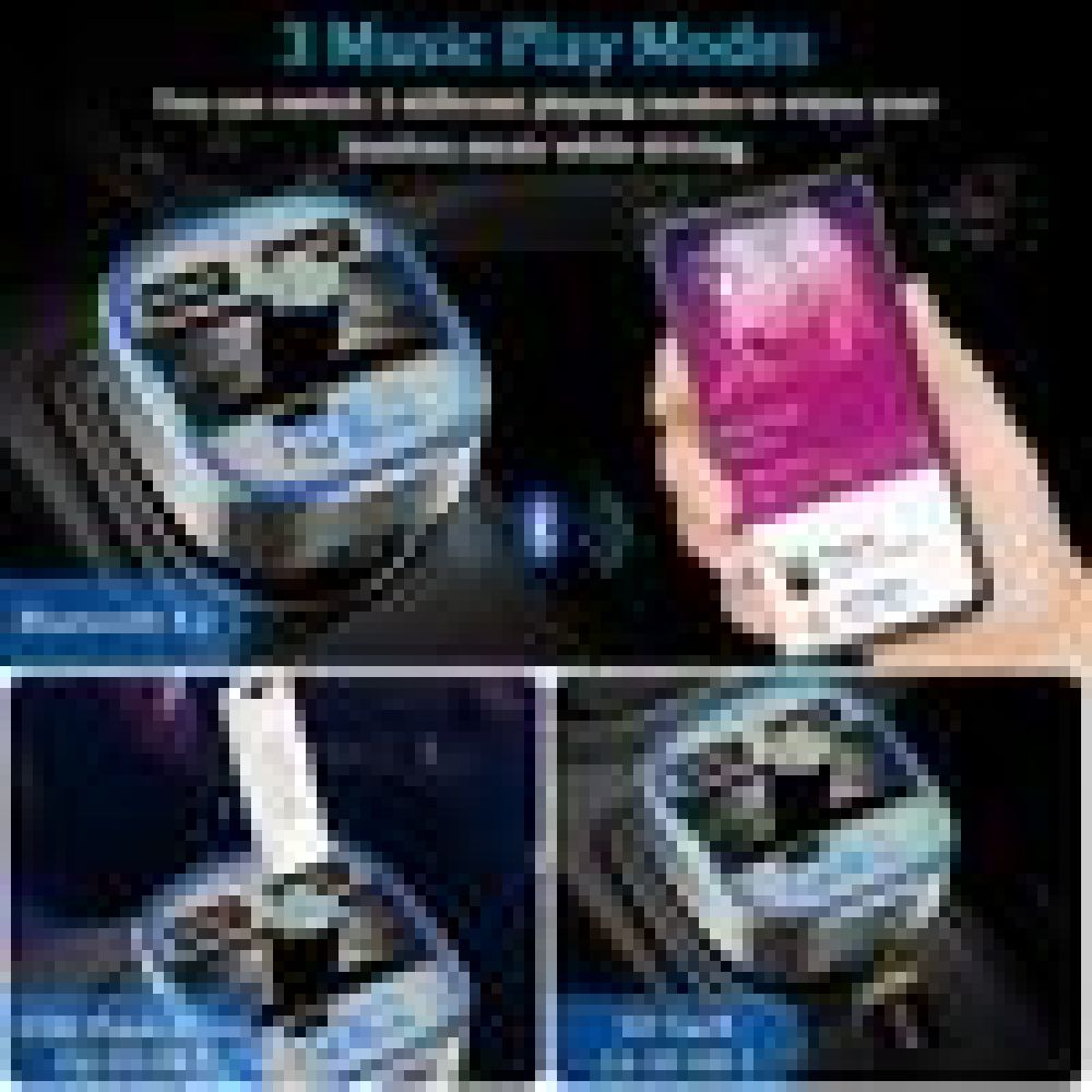 Das Bild zeigt ein Telefon in der Hand mit farbigem Bildschirm und drei Geräten. Der Text lautet '3 Musik-Wiedergabemodi'.