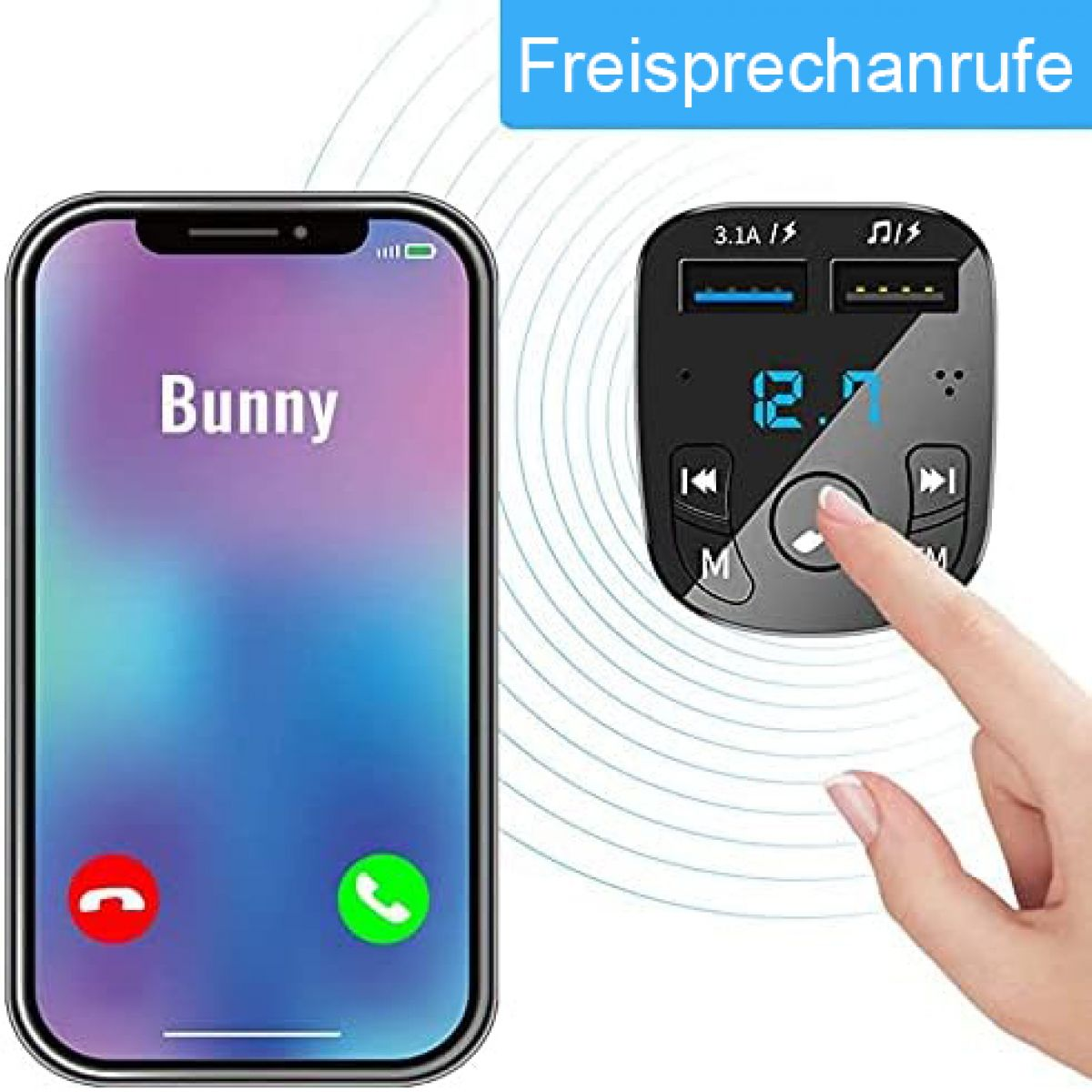 Telefonbildschirm mit Anruf von 'Bunny', neben einem Autoladegerät mit einer Hand, die es berührt.