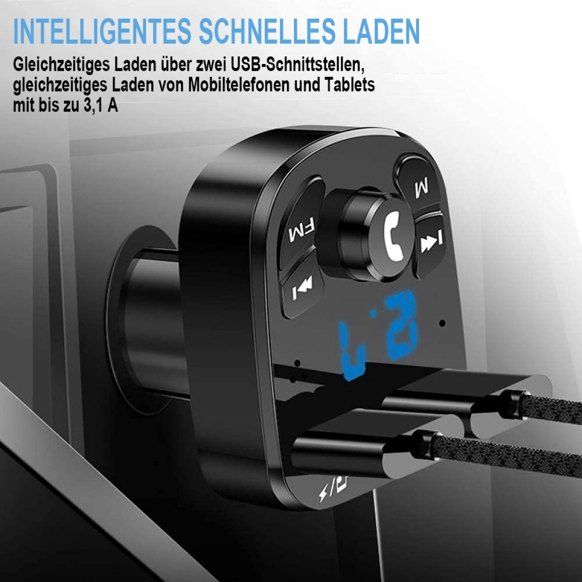 Schwarzes Autoladegerät mit USB-Kabeln. Es hat Knöpfe und ein digitales Display. Der Text lautet 'intelligentes schnelles Laden'.