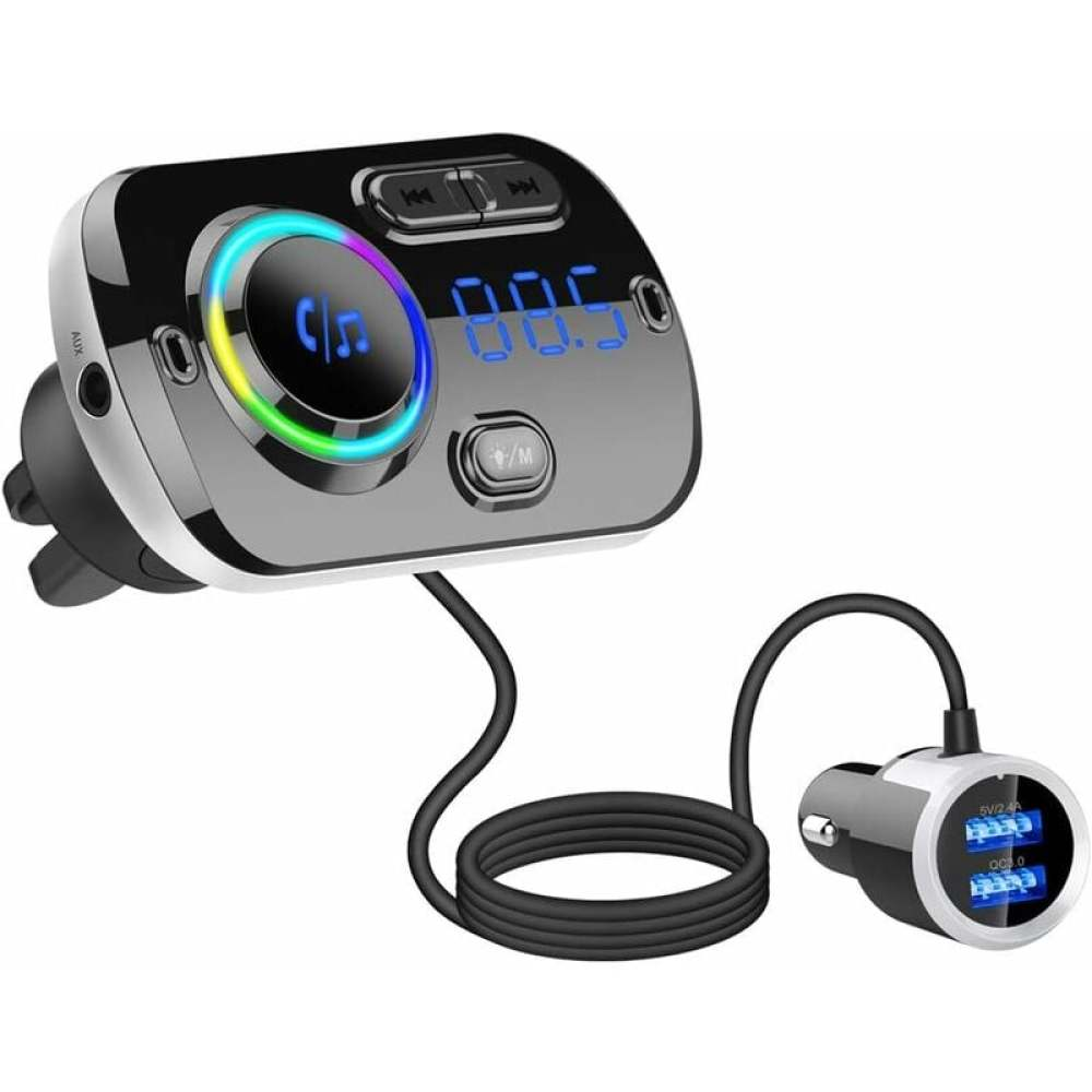 Ein schwarzer und silberner Auto-FM-Transmitter mit Digitalanzeige, Leuchtring und USB-Ladeanschlüssen, verbunden durch ein schwarzes Kabel.