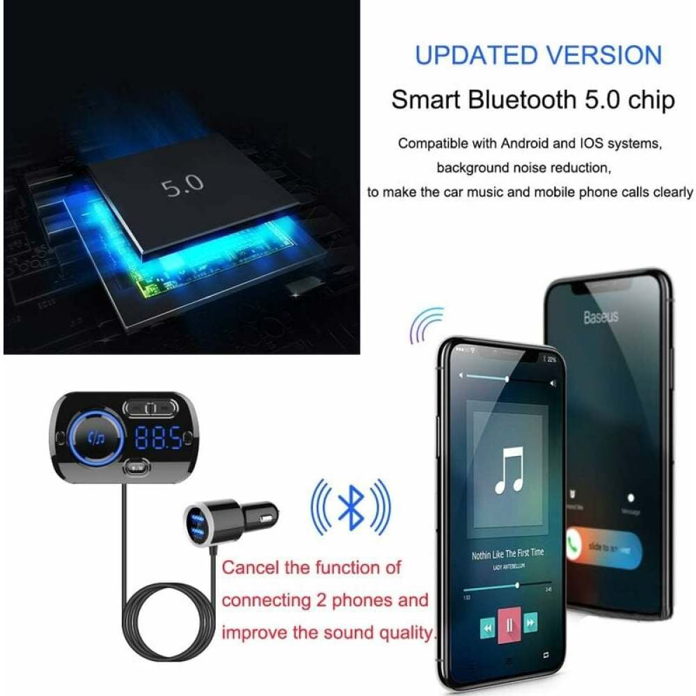 Das Bild zeigt ein Bluetooth-Gerät mit einem Telefon, Chip und Autoladegerät, mit dem Text: Smart Bluetooth 5.0 Chip.