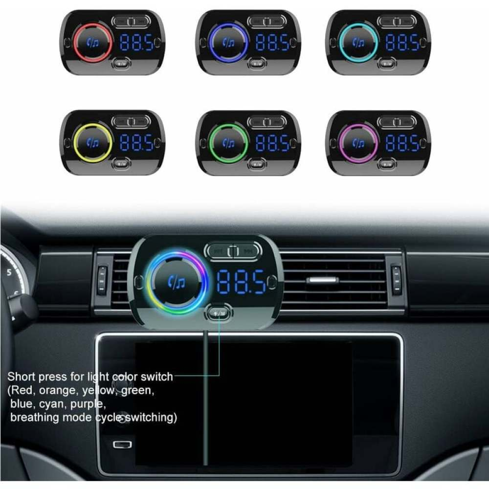 Auto-FM-Transmitter mit mehreren Farboptionen. Zeigt die Radiofrequenz 88,50 an. Dargestellt auf einem Armaturenbrett im Auto, mit Textbeschreibung.