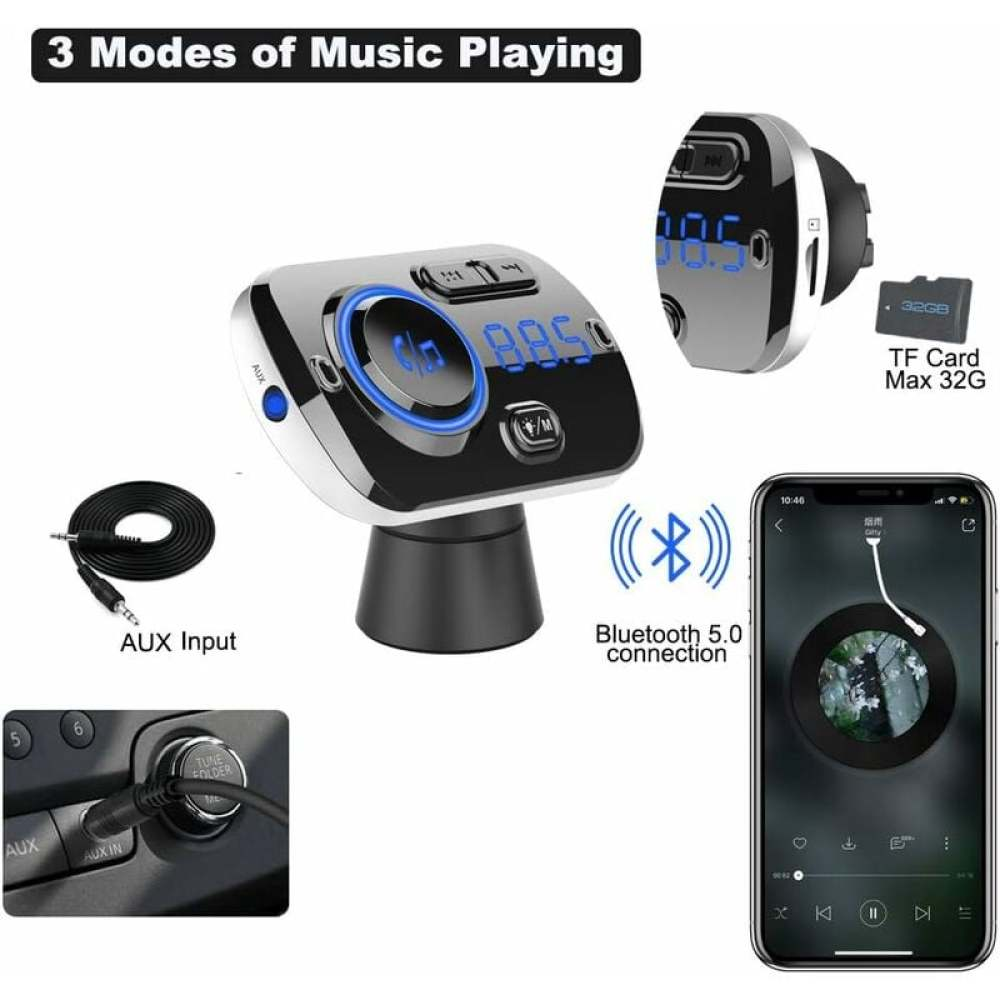 Das Bild zeigt einen Auto-Musik-Player mit 3 Modi, darunter AUX-Eingang, Bluetooth 5.0 und eine TF-Karte. Ein Telefon ist ebenfalls abgebildet.