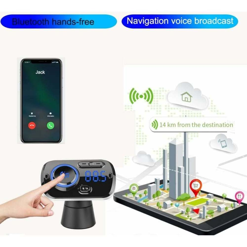 Das Bild zeigt Freisprech-Bluetooth- und Navigationsfunktionen mit einem Telefonanruf, einem Autogerät und einer Karte mit Zieldetails.