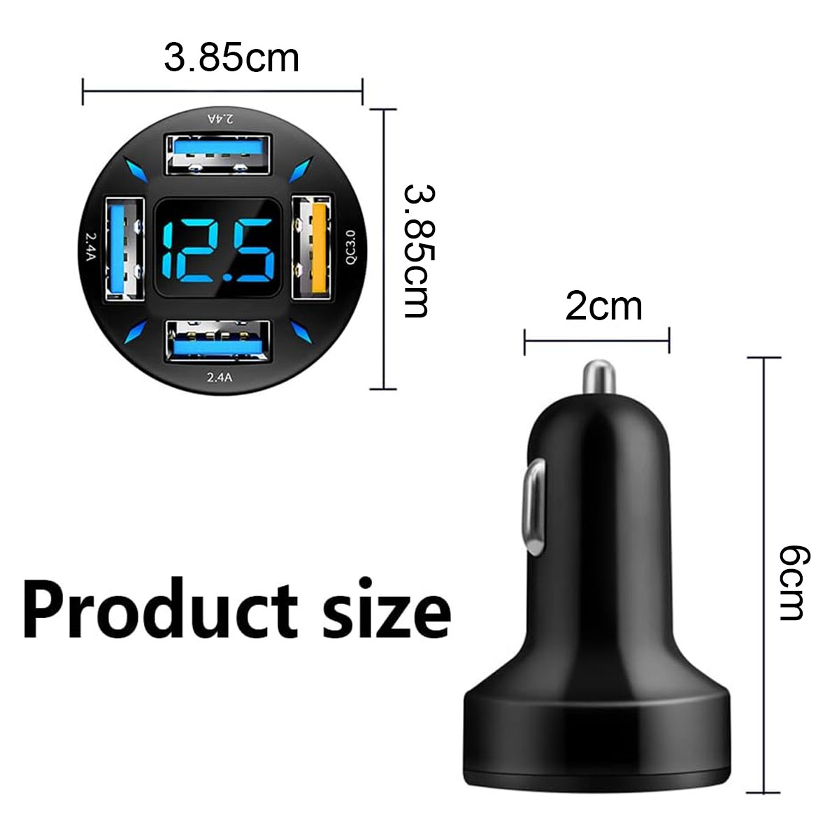 Das Bild zeigt ein schwarzes Autoladegerät und ein rundes USB-Ladegerät mit Größenangaben. Der Text 'Produktgröße' ist ebenfalls sichtbar.